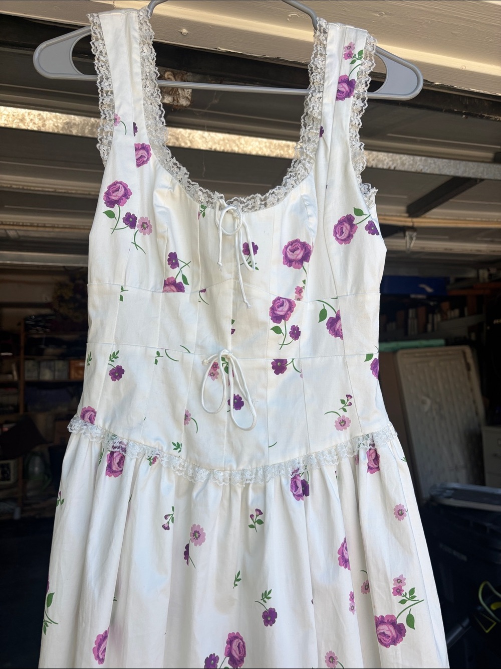 For Love And Lemons White Floral Mini Dress with Purple Roses